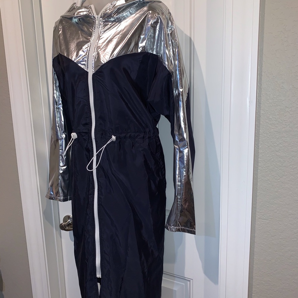 Navy & Silver Drawstring Waist Hooded Windbreaker - Picture 9 of 12